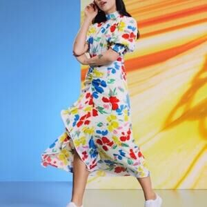 Rixo for Target NWT Colorful Floral Cascade Ruffle Mock Neck Slit Midi Dress